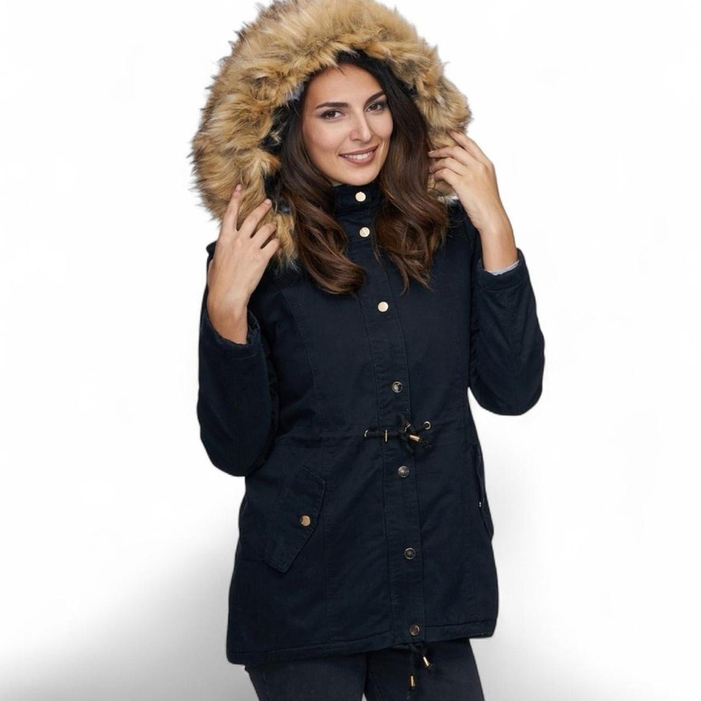 Love Tree Hooded Jacket w/ Faux Fur Trim | Black | Medium